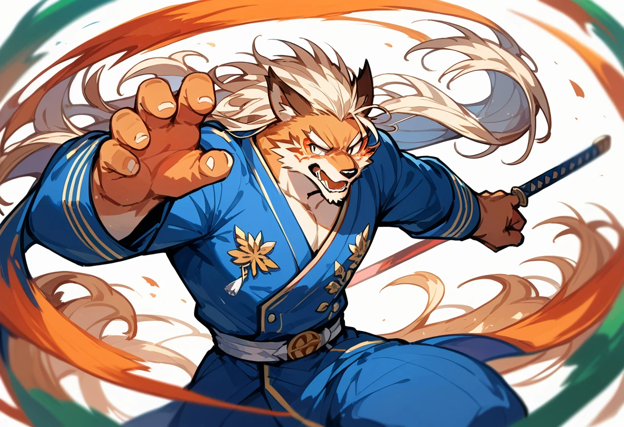 top quality, high-quality illustrations((masterpiece))depth of field, motion blur, absurdres, Perfect Anatomy, magnificent picture of kemono fighting fierce battles, kemono, 1boy, solo focus, Anthro((dramatic))epic, weapon, dynamic pose, One scene of movie,