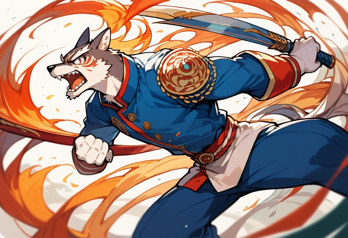 top quality, high-quality illustrations((masterpiece))depth of field, motion blur, absurdres, Perfect Anatomy, magnificent picture of kemono fighting fierce battles, kemono, 1boy, solo focus, Anthro((dramatic))epic, weapon, dynamic pose, One scene of movie,