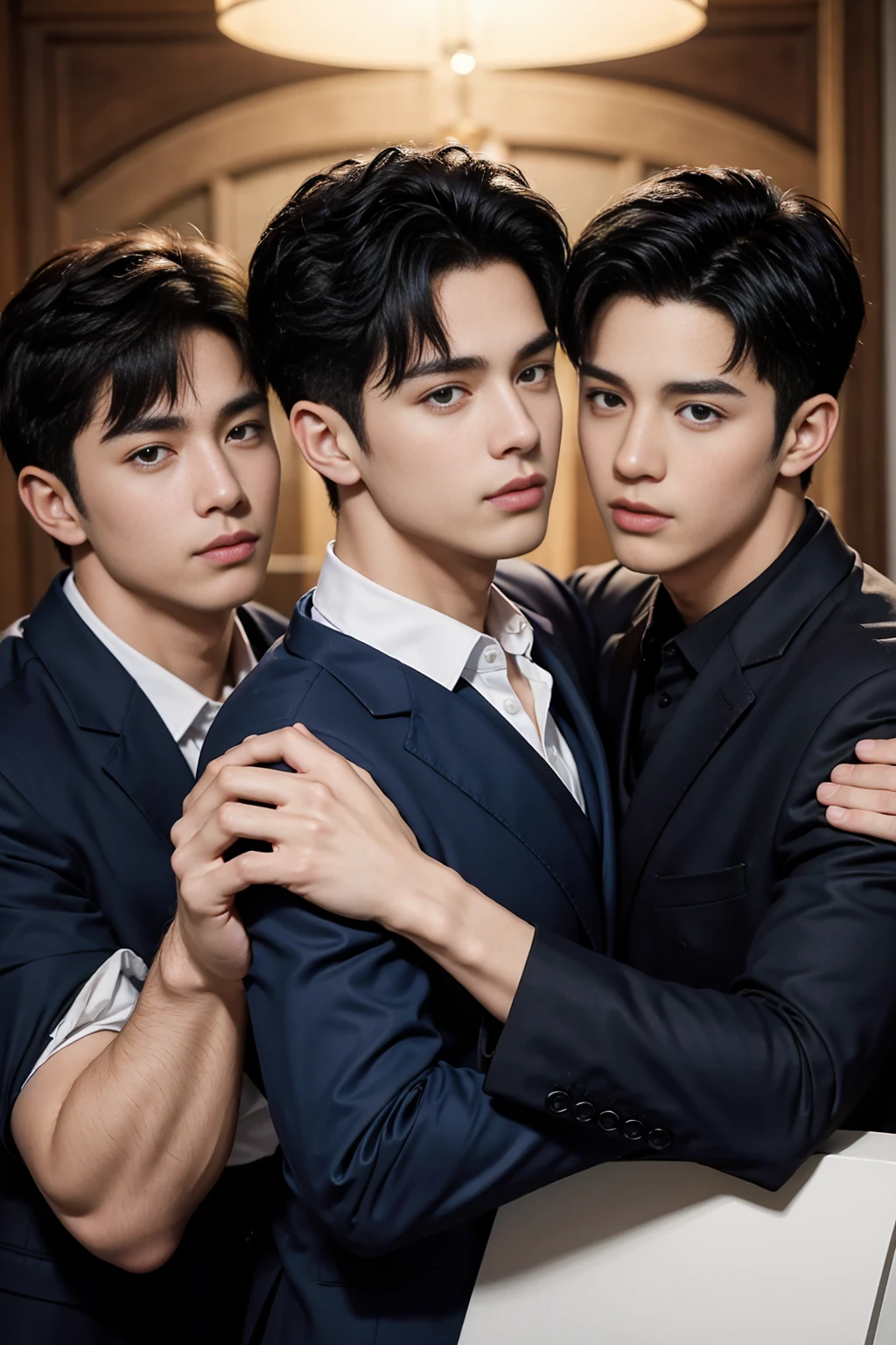 ((masterpiece)),((best quality)),8K,high detail,Very detailed, Very manly,3 men, like,fashion pose, Realistic skin texture, Light,
Royal blue style couple,Perfect hand details