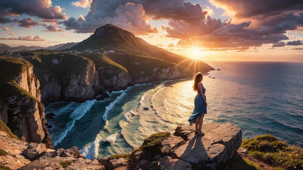 A woman standing on the edge of a mountain overlooking the sea, sunset sky, detailed facial features, golden hour lighting, dramatic clouds, serene ocean waves, rocky coastline, lush greenery, photorealistic, cinematic, highly detailed, award-winning digital art