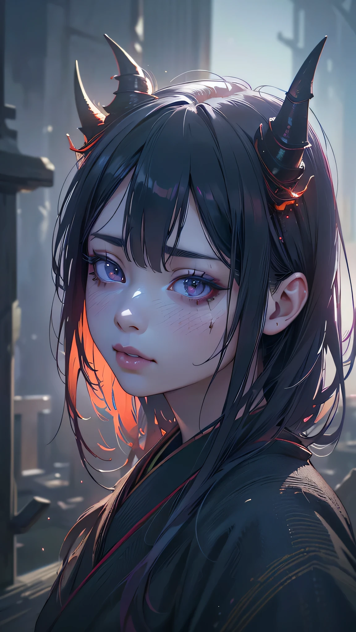 1girl, beautiful detailed eyes, beautiful detailed lips, extremely detailed face, long eyelashes, asian, japanese, kimono, horns, demon, abandoned church, fantasy, (best quality,4k,8k,highres,masterpiece:1.2),ultra-detailed,(realistic,photorealistic,photo-realistic:1.37),intricate details,cinematic lighting,dramatic shadows,vibrant colors,moody atmosphere