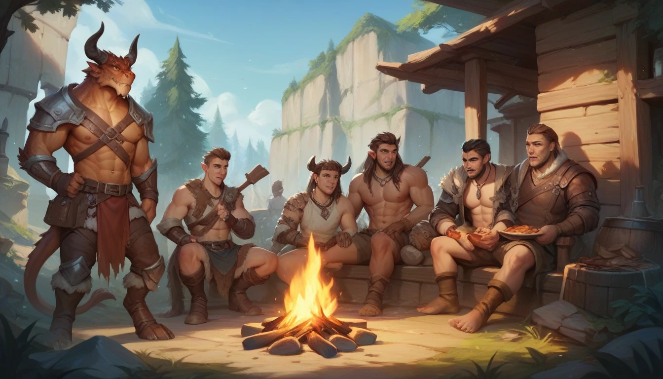 group of adventurers around a campfire making monster meat, epic Art of RPG, dungeons and dragons artwork, Arte de RPG, 