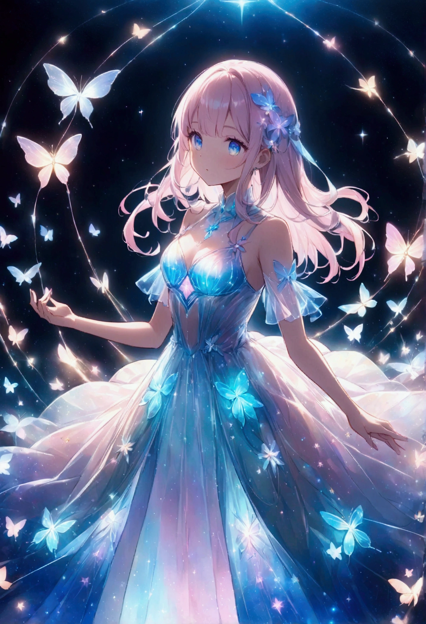 Create an anime-style digital illustration of a young woman。pastel colour,She sparkles in the reflected light、She should be wearing a white loose dress.。Background、The pale pink and blue colors are fantastic.、It creates a dreamlike atmosphere。To enhance the magical atmosphere of the scene、Includes elements such as delicately glowing butterflies and sparkling light effects.。Lighting highlights the character&#39;s features、Adds a soft glow to the surroundings, creating a calm and enchanting atmosphere.。.bioluminescent dress