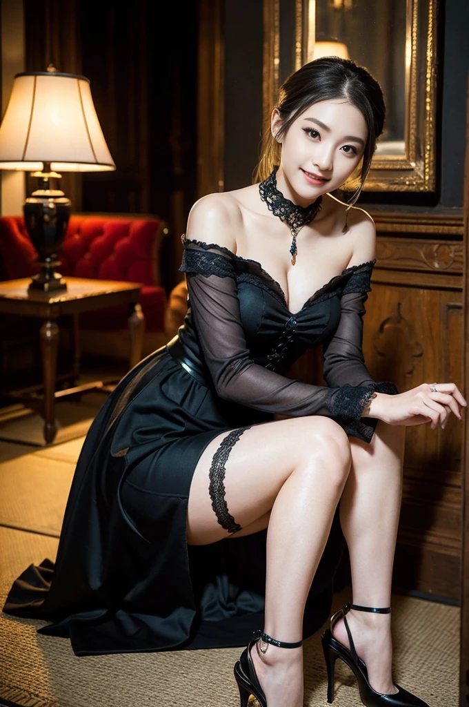 (Only one person), Pure Japanese young girl, wearing gothic style gorgeous dress and accessories, high heels, vivid makeup and lips, thick eyebrows, formal black hair styles, sweet smile, sitting in antique gothic style interior, summer midnight, decadent atmosphere, dazzle me, professional photography,