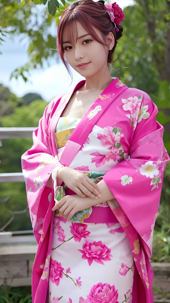 “A beautiful anime-style girl with pink hair styled in twin buns, wearing a traditional floral-patterned kimono with blue and yellow obi, standing among vibrant peony flowers. She has a more provocative expression with a slight smirk, half-lidded eyes, and a confident, teasing look. The background is a soft, bright sky with a few petals falling around.”