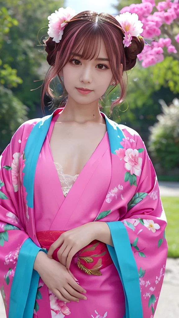 “A beautiful anime-style girl with pink hair styled in twin buns, wearing a traditional floral-patterned kimono with blue and yellow obi, standing among vibrant peony flowers. She has a more provocative expression with a slight smirk, half-lidded eyes, and a confident, teasing look. The background is a soft, bright sky with a few petals falling around.”

