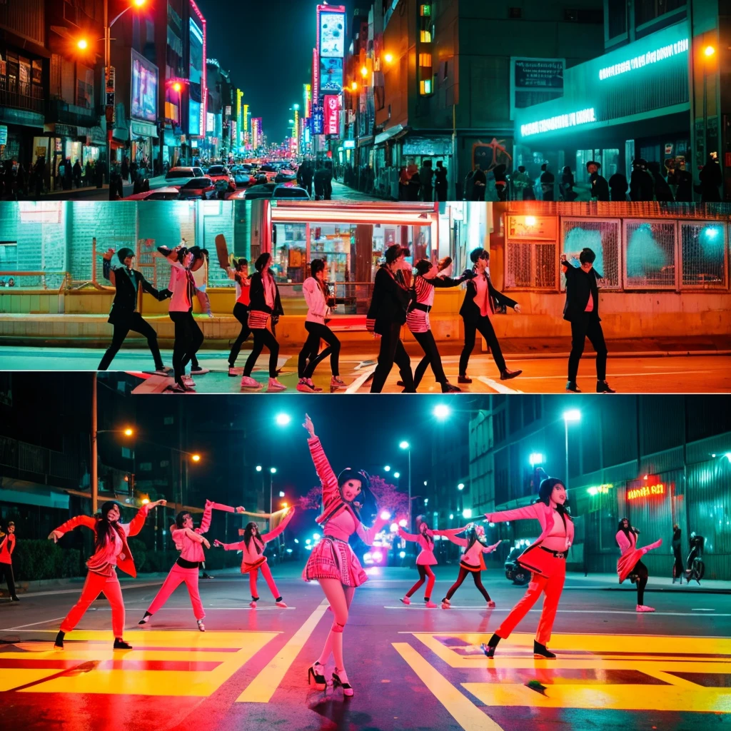 Scene**: The members walking along a vibrant city street, showcasing trendy outfits that blend street style and elegance.
- **Visuals**: Bright neon signs, fast-moving traffic, and playful interactions between the members.
- **Choreography**: A synchronized dance routine with lively expressions, highlighting their chemistry. Kpop girl group  south koera member music video in south korea 

