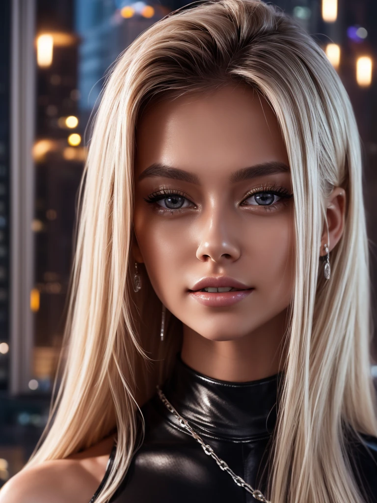 Cristy Ren with long blonde hair as a business CEO, professional hairstyle, perfect eyes, high arched eyebrows, (Elegant leather dress with silver chains), backlight on hair, narrow depth of field, full body portrait, facing the camera, hi-res, 8k, cinematic light, smile, luxury hotel bedroom at night