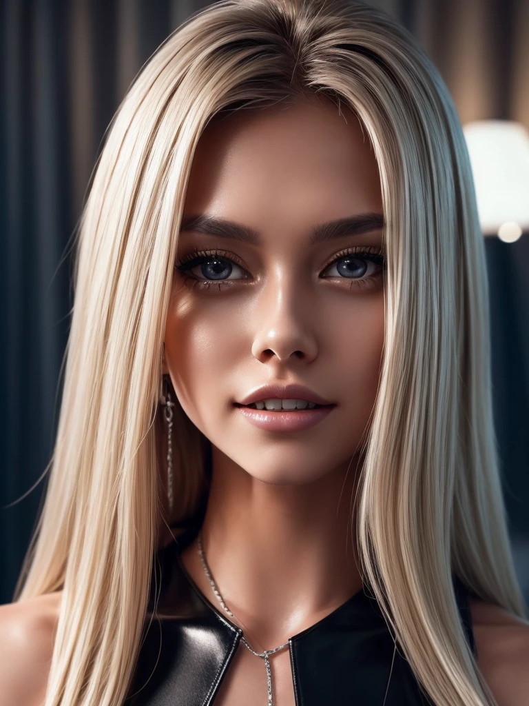 Cristy Ren with long blonde hair as a business CEO, professional hairstyle, perfect eyes, high arched eyebrows, (Elegant leather dress with silver chains), backlight on hair, narrow depth of field, full body portrait, facing the camera, hi-res, 8k, cinematic light, smile, luxury hotel bedroom at night