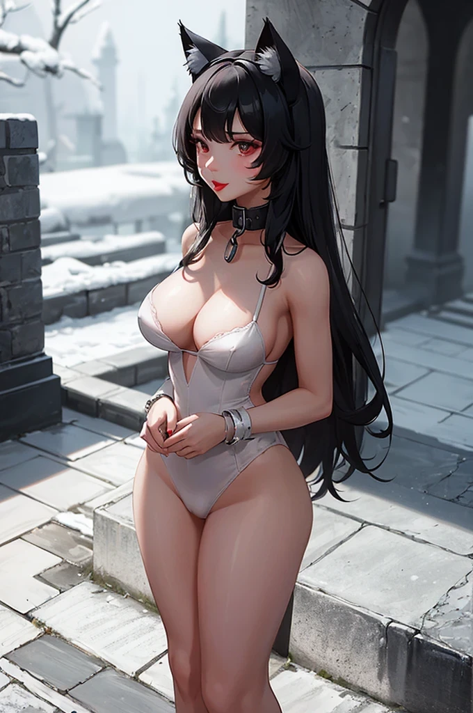 Detailed facial details，16 years old，1 girl，Red lips，Cat ear，Black long hair，Wearing a snow-white latex lace bikini，Large Breasts，Slim，Collar，Radiant Skin，Sitting on the grass，garden