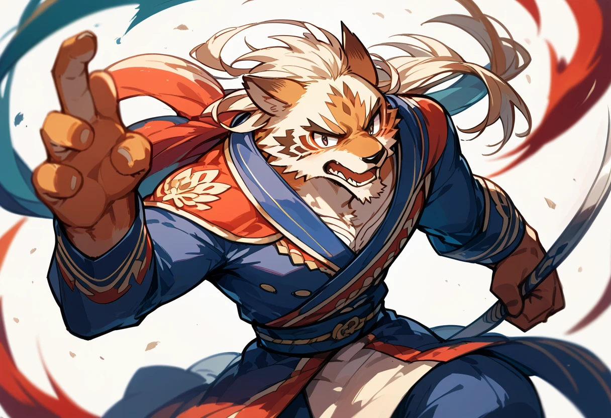 top quality, high-quality illustrations((masterpiece))depth of field, motion blur, absurdres, Perfect Anatomy, magnificent picture of kemono fighting fierce battles, kemono, 1boy, solo focus, Anthro((dramatic))epic, weapon, dynamic pose, One scene of movie,