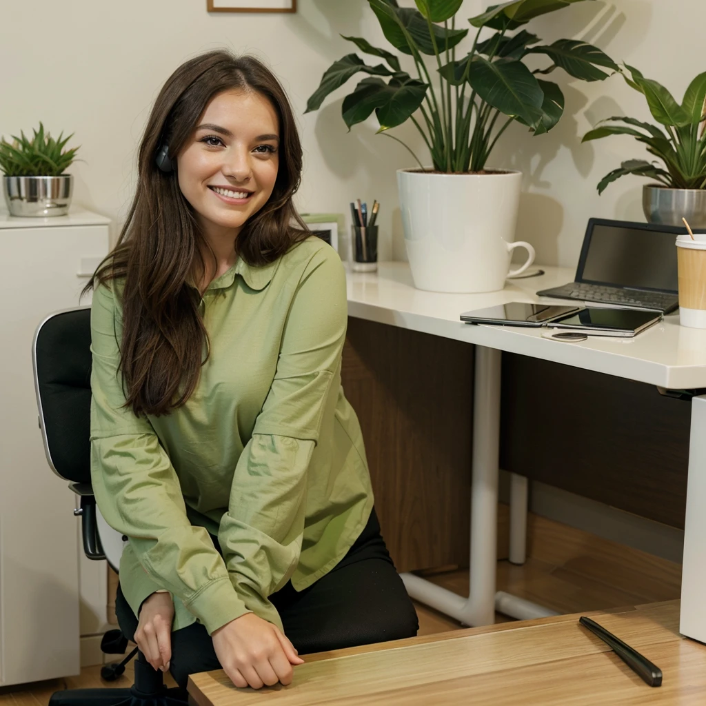 A brunette office worker sits in a green office chair at her desk at her PC. She is talking on the phone and smiling.
On your desk is a small, green houseplant and a cup of coffee.
The office in the background is bright and friendly.