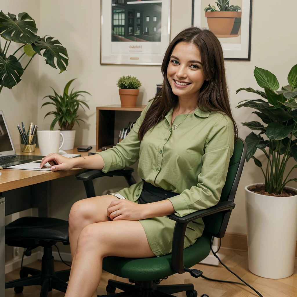 A brunette office worker sits in a green office chair at her desk at her PC. She is talking on the phone and smiling.
On your desk is a small, green houseplant and a cup of coffee.
The office in the background is bright and friendly.