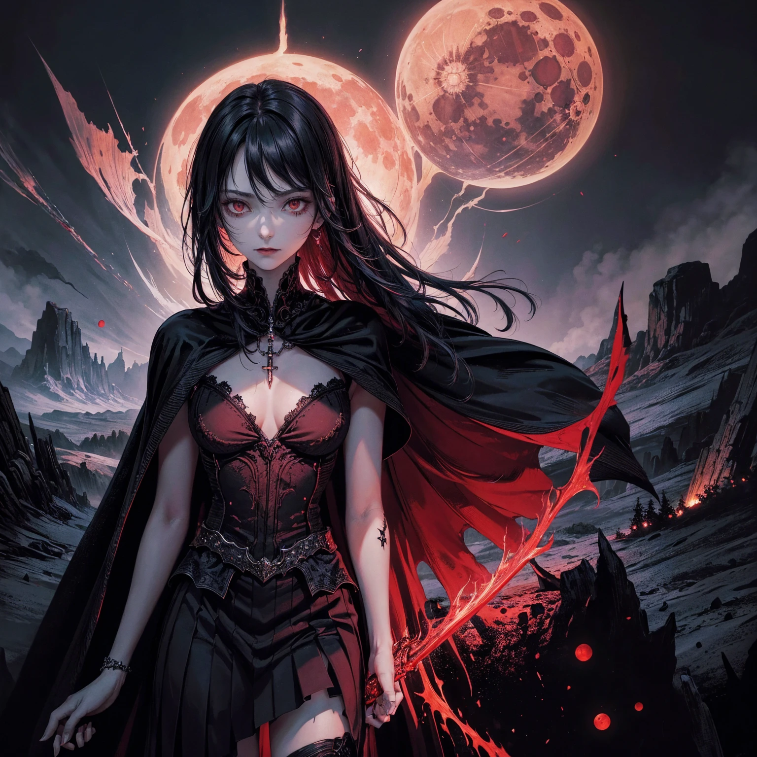 best quality, 4K, high resolution, masterpiece:1.2, Very detailed, actual:1.37, Mood lighting, Female undead lich in a long cape, Half face is normal flesh while half face is only skull, Hand and arm has no flesh but only skeleton bones, Wearing a ragged gothic skirt, Aloofness emotion, Dangerous sneer, Beautiful but cruel smile, Black Hair, Standing, Facing the camera, Crucified, Pitch black sky, Blood-red moon, strange atmosphere, Gothic style, Unforgettable beauty, Dramatic shadows, Ethereal Light, Mysterious atmosphere.