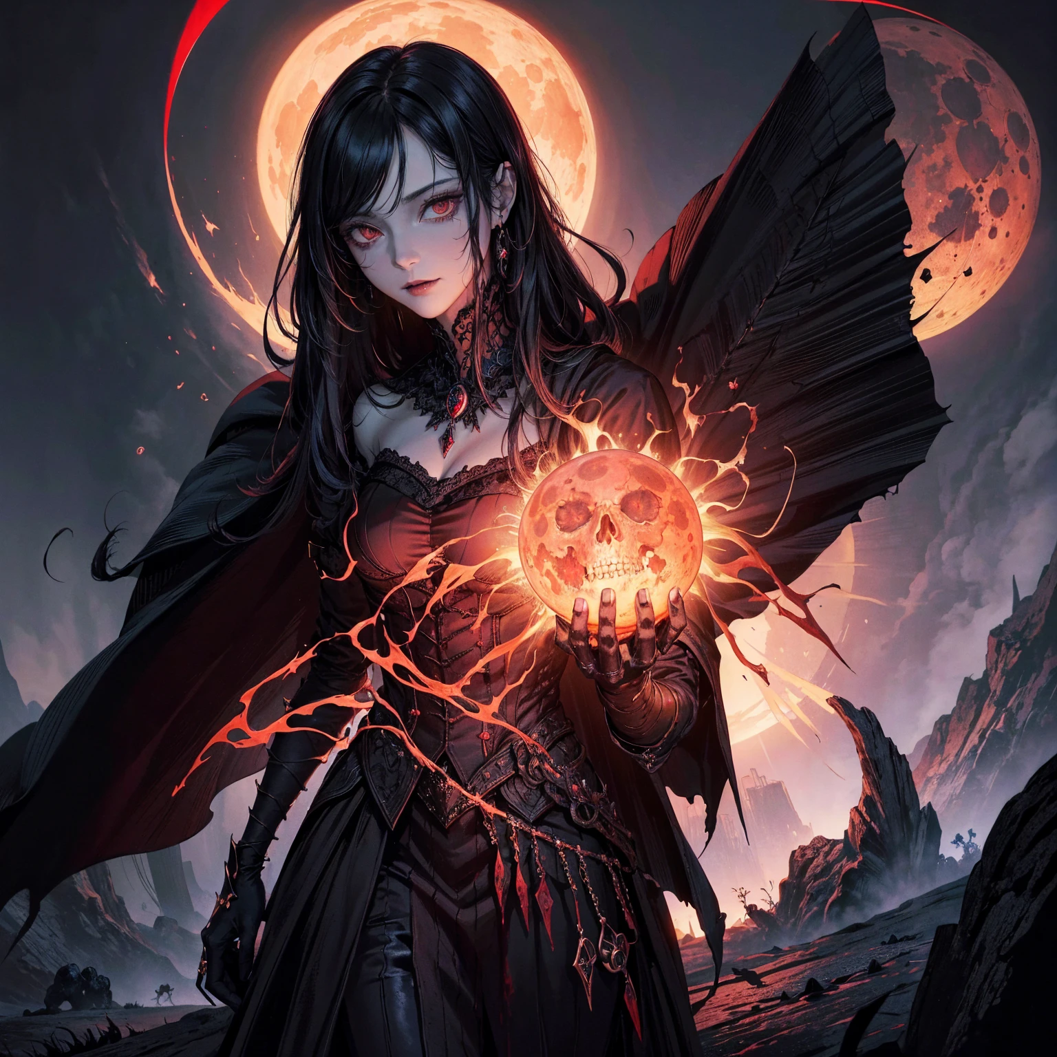 best quality, 4K, high resolution, masterpiece:1.2, Very detailed, actual:1.37, Mood lighting, Female undead lich in a long cape, Half face is normal flesh while half face is only skull, Hand and arm has no flesh but only skeleton bones, Wearing a ragged gothic skirt, Aloofness emotion, Dangerous sneer, Beautiful but cruel smile, Black Hair, Standing, Facing the camera, Crucified, Pitch black sky, Blood-red moon, strange atmosphere, Gothic style, Unforgettable beauty, Dramatic shadows, Ethereal Light, Mysterious atmosphere.