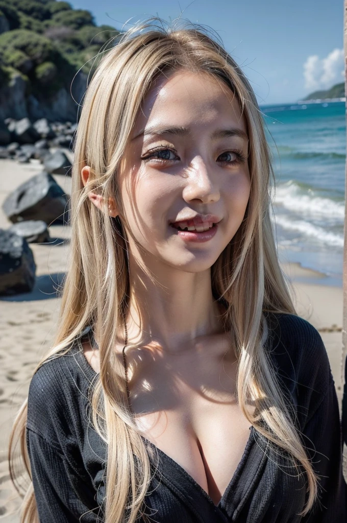 Full nudity、Realistic, 3 beautiful Japanese gals, Selfie, Face Enhancement, Face Zoom, Big smile, Long blonde hair, Wavy Hair, Dark Skin, Beach, bikini, Looking up from below