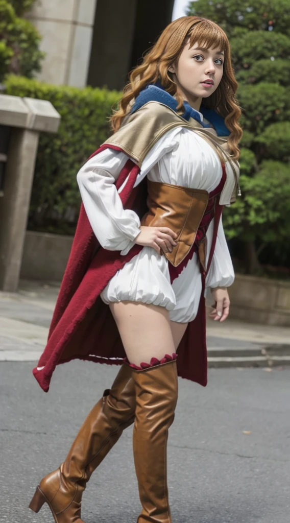 Highest quality、Highest quality、16k quality、Highly detailed figure、Highly detailed face、Highly detailed eyes、Highly detailed nose、Highly detailed facial expressions、Highly detailed costume、Very high quality costume、Highly detailed hourglass shape、Highly detailed feet、Highly detailed thighs、Being in reality、、Mimosa Vermillion、main character、Brown Hair、White long sleeve knitted clothing、服の上からYou can see the shape of the chest、Light brown、Chest-length、Poncho type、Wearing the cloak of the Magic Knights、With Magic Knights emblem、One of her breasts is visible through the gap in her cloak.、Close to the skinする服、White knit shorts、Emphasizes the shape of the chest、Brown leather thigh-length boots、Her thighs are visible between her shorts and boots.、You can see the shape of the chest、F cup bust size、Big Breasts、Close to the skin、Tight、Full body photo、Are standing、Emphasizes the beauty of thigh muscles、Full body photo、Front view