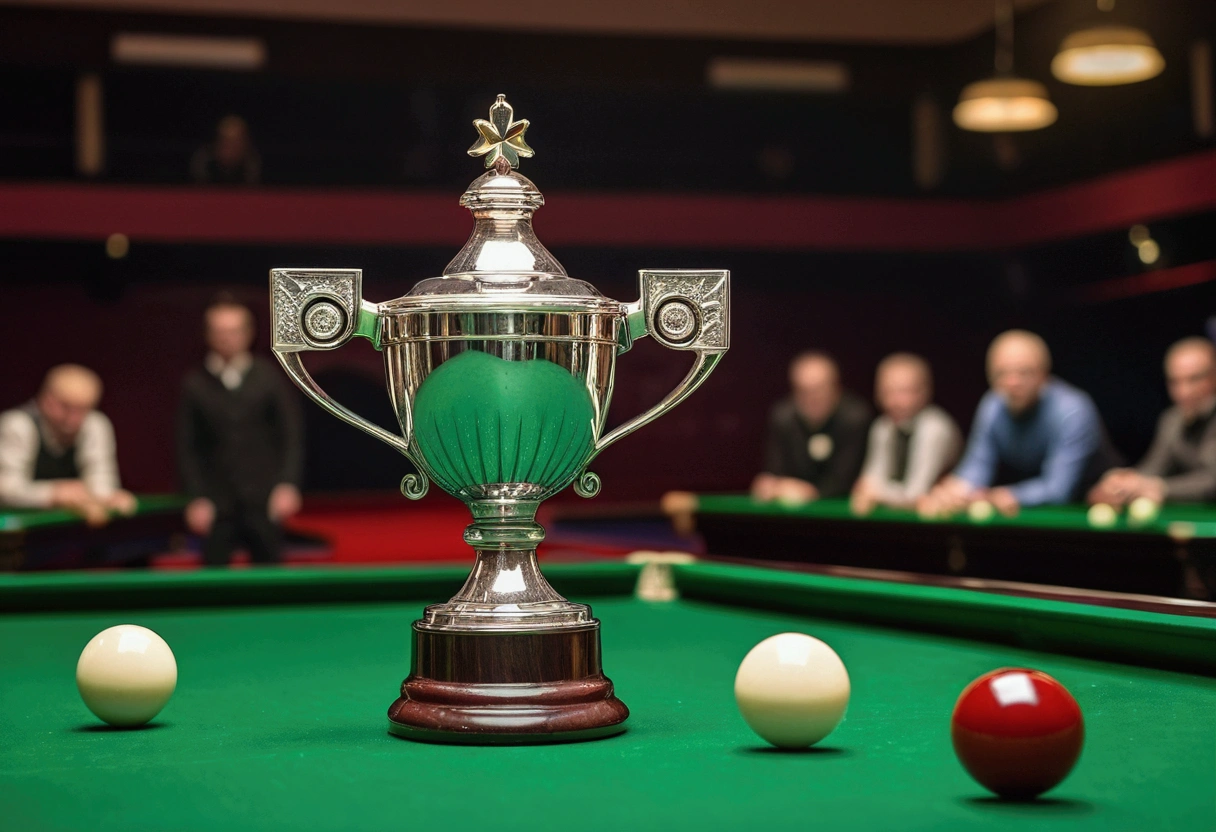 a picture of a trophy (no logos) on a snooker table in front of the audience, the audience is blurred and not in focus, there are no logos or words in the picture