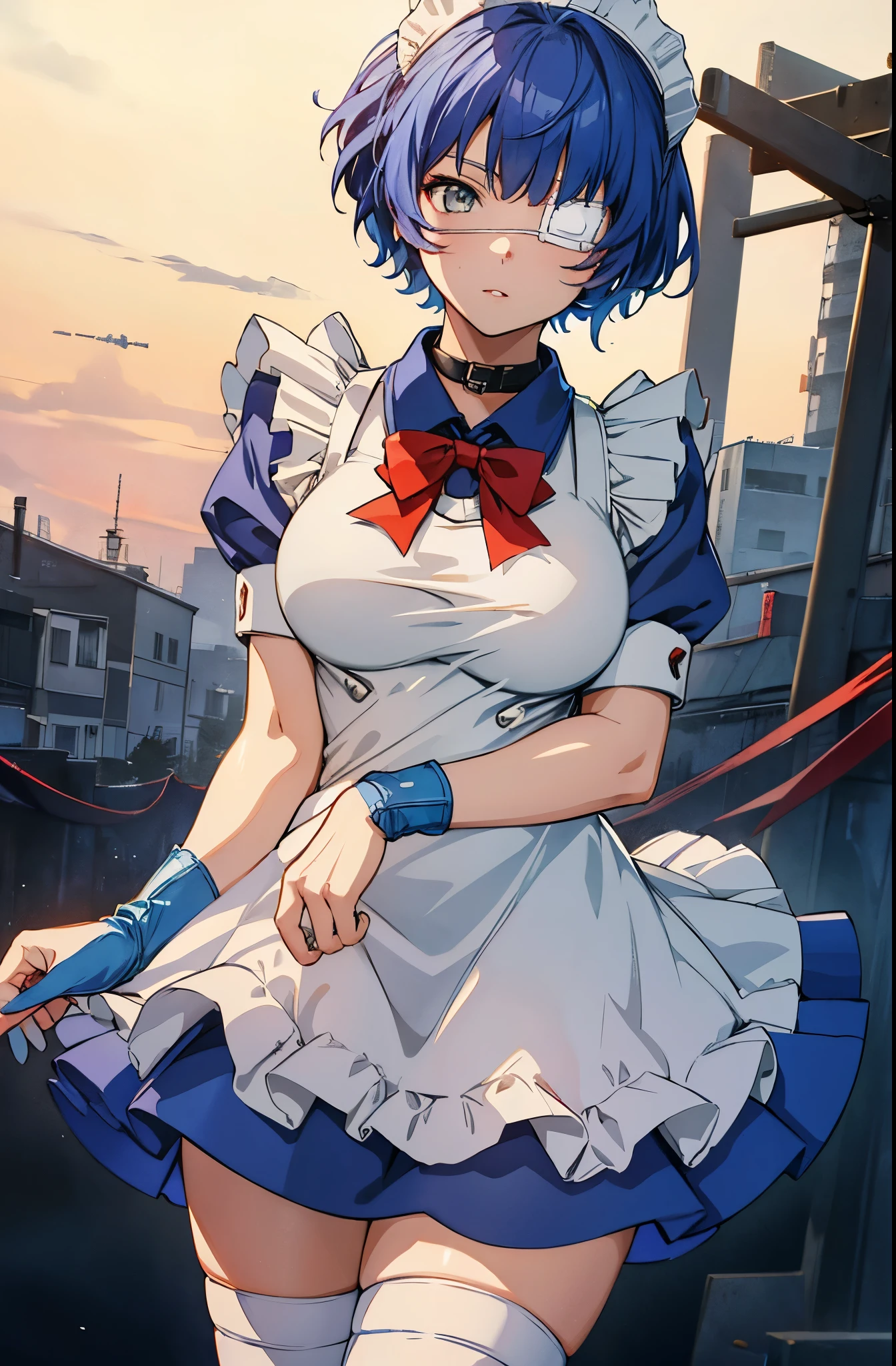 upper body,ryomou shimei,large breasts,blue hair,short hair,maid, medical eyepatch, maid headdress, collar, red bowtie,(blue dress, maid apron), blue gloves, white thighhighs,(zettai ryouiki,skindantation),boots,white panty,panty shot,masterpiece,Noise Reduction,perfect anatomy,high resolution, ultra-detailed, ultra-detailed face,game cg,dutch angle ,beautiful detailed eyes,visualart,five fingers, perfect hands, perfect lighting,