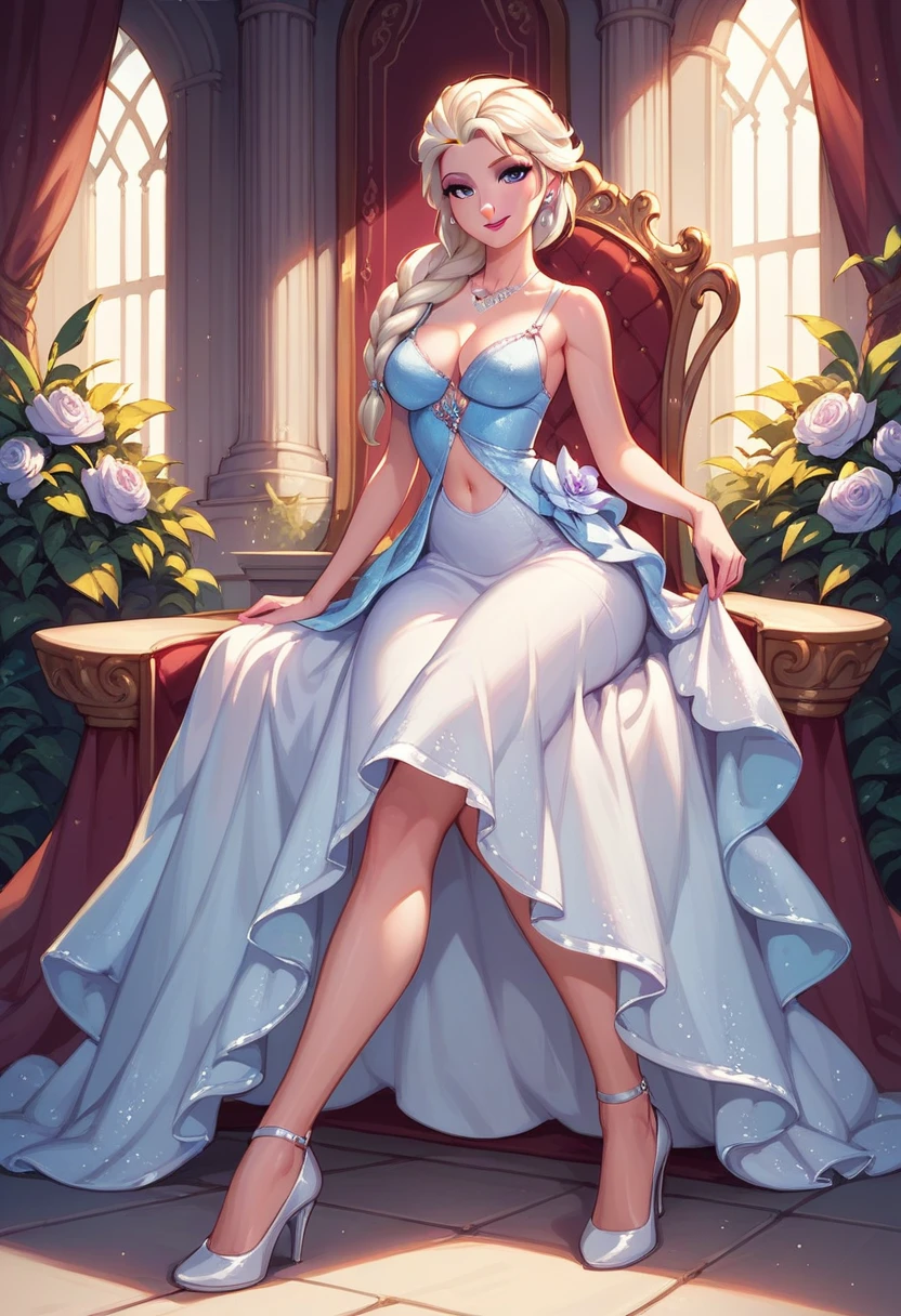 score_9,score_8_up,score_7_up,score_6_up, Elsa, elegant, navel, sundress, high heels, on the throne, in the palace.