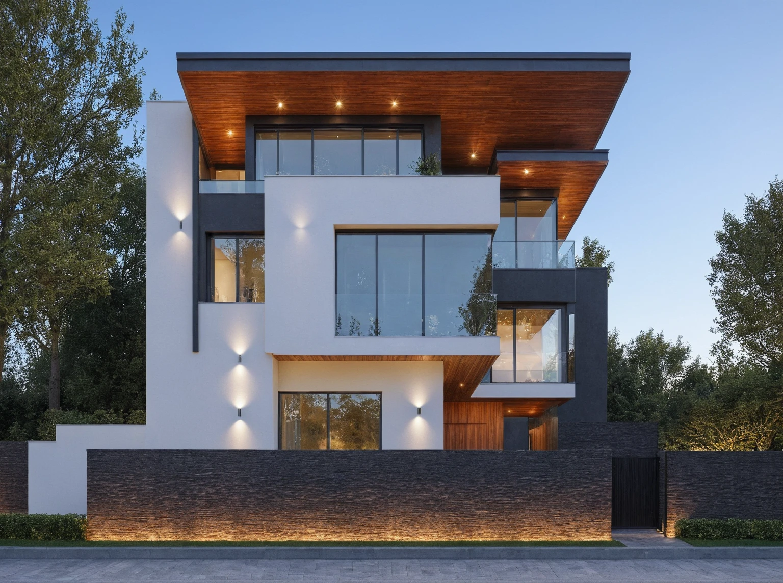 (Description of the first floor, ((white wall:1.2) mix design (Black aluminum brace separates villa floors)) , Precise lighting design, glass ceiling, and additional black marble map, (LED aluminum bar lights installed in ceiling and ceiling for exterior design), (2-sided spotlight for exterior design on the fence and door of the house), lighting steps leading up to planting flowers), modern villa design, (block sidewalks and asphalt roads), (day sky background), Low trees around the house, (mid day), (Neutral lighting is suitable for the townhouse, light color thermometer lighting), (architectural design visualization), (reflection), (focus on object), (material normal bump real reflection), (scattered light), (light ray), (multi-beam light), (sunbeam) (multi-level reflection), (chao vantage software visualization render),(((Best Quality))), ((Masterpiece)), ((best illustration)), ((best shadows)), ((Super Detail)), (Intricate lines), (Photorealism),(hyper detail), ((archdaily)), ((award winning design)), (dynamic light), ((day)), spotlight, (perfect light), (shimering light), ((photorealistic)), ((intricate detail)), ((extreme detail)), ((crazy detail)), ((octane render)), ((trending on artstation)), ((High-fidelity)), ((Viwvid)), ((Crisp)), ((Bright)), ((Stunning)), ((Eye-catching)), ((High-quality)),((Sharp))((Bright)), ((Stunning)), ((natural sun environment)), ((Eye-catching)), ((Illuminating)), ((Flawless)), ((High-quality)),((Sharp edge render)), ((medium soft lighting)), ((photographic render)), ((detailed archviz)), ((reality environment)), (modern villa design architectural design facade), (modern villa facade roof design), (modern villa facade wall design), (modern villa facade decoration material design) (modern villa door and window design modern), (environmental lighting design), (modern villa lighting design), (modern villa front gate and fence design), (Design lights for gate posts and fences), (modern villa facade railing design),