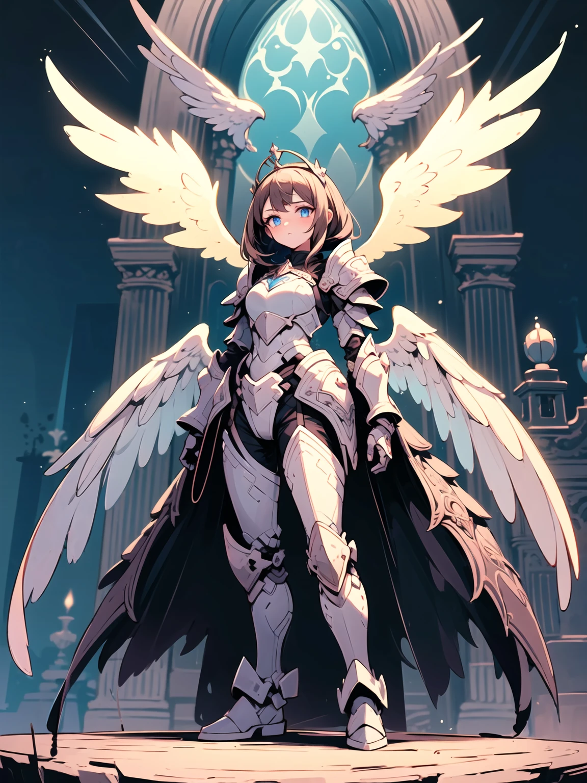 (((masterpiece))) (((highest quality))) (((16k resolution))) Queen in power armor, (gothic style), (full body shot 1.2), bellybutton, The most beautiful and sexy angel goddess, with long light brown hair, and glowing blue eyes, wearing intricate white gothic battle armor, angel wings, standing majestically in front of a gothic castle. ((perfect illumination)), a radiant glowing aura surrounds her, highlighting her divine presence and ethereal beauty, as she stands ready to defend her realm. The intricate details of her armor shimmer under the moonlight, and her angelic wings spread wide, casting an awe-inspiring shadow. Her glowing blue eyes exude both kindness and immense power, making her the epitome of grace and strength.
