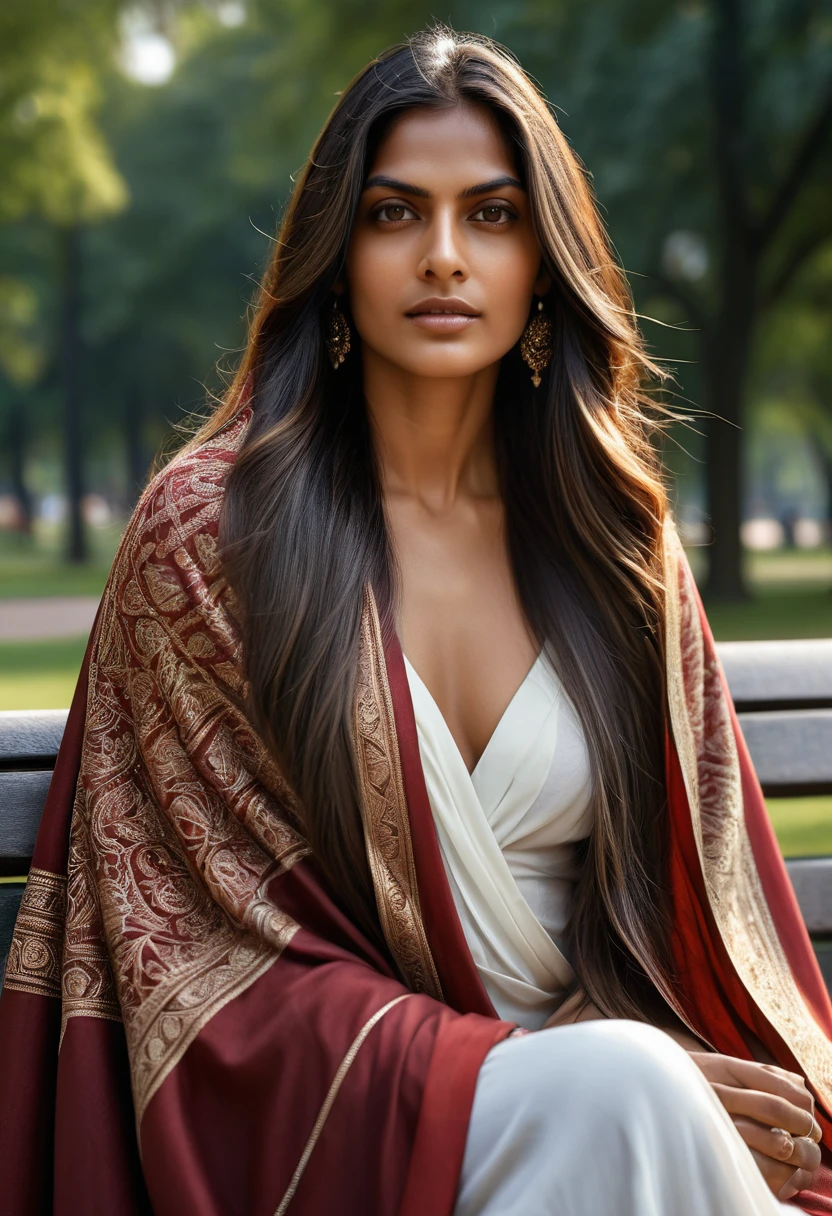 Portrait of A confident-looking indian woman with long flowing hair, hazel eyes, with topless flowing capes, sitting in the park, perfect composition, hyperrealistic, super detailed, 8k, high quality, trending art, trending on artstation, sharp focus, studio photo, intricate details, highly detailed, art by greg rutkowski