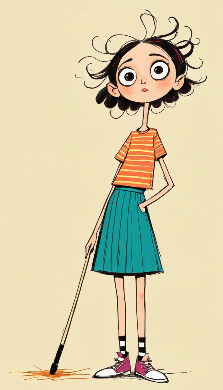 (((Exaggerated digital character sketches:1.37，Matchstick Men，Healing stick figures，Artists from the stars))).(1 Girl，big eyes，Pointed nose，Exaggerated expression，Striped T-shirt，Strap skirt)，(Black sketch lines，Loose brushstrokes create the outline， Bright colors and simplified lines, sketch)。(Exaggerated body movements),