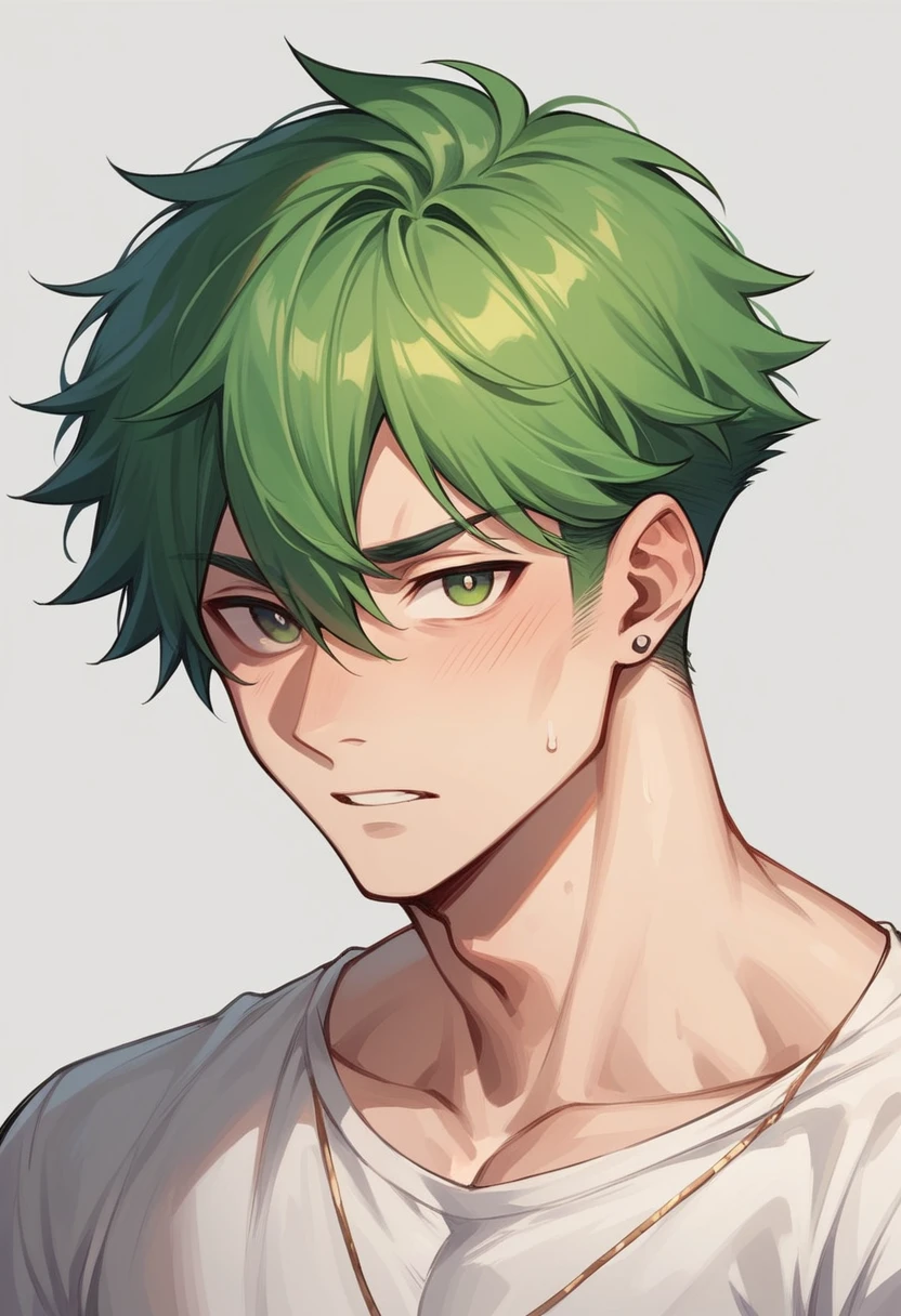A boy with green hair, using only green Tunga, simple background,