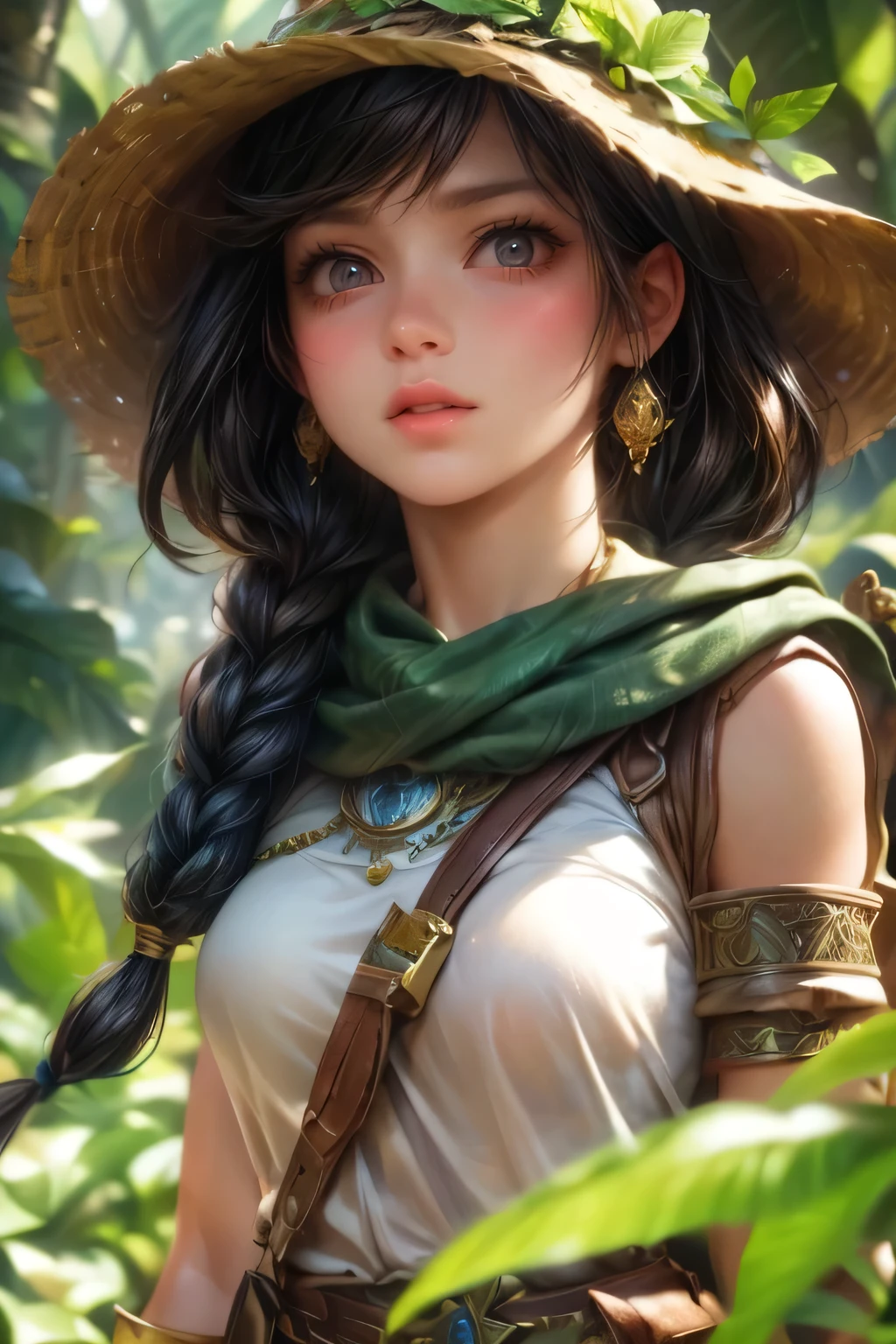 A cute adventurous treasure hunter girl exploring the deep jungle, With holding machete in hand, Cut through the jungle while swinging machete:1.2, and push forward, surrounded by lush foliage, exotic plants and curious insects, (best quality, 4k, 8k, highres, masterpiece:1.2), ultra-detailed, (realistic, photorealistic, photo-realistic:1.37), messy hair, through bangs, beautiful detailed(eyes, lips), cute face, vibrant colors, natural lighting, dynamic pose, intricate details, detailed facial features, long eyelashes, full lips, oil painting, cinematic, fantasy, adventure, full-body view