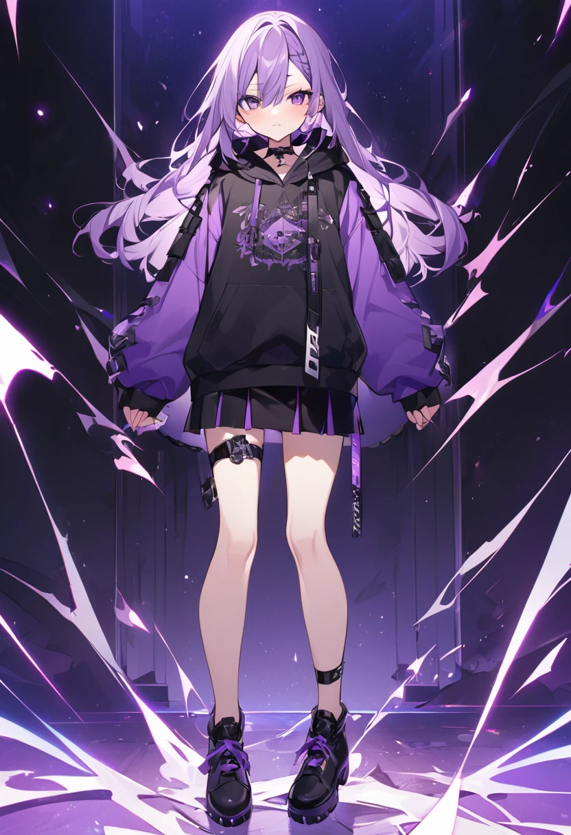 Keito。Purple Eyes。Light purple hair。Purple hoodie。Black short skirt。Black shoes下。Black shoes。
