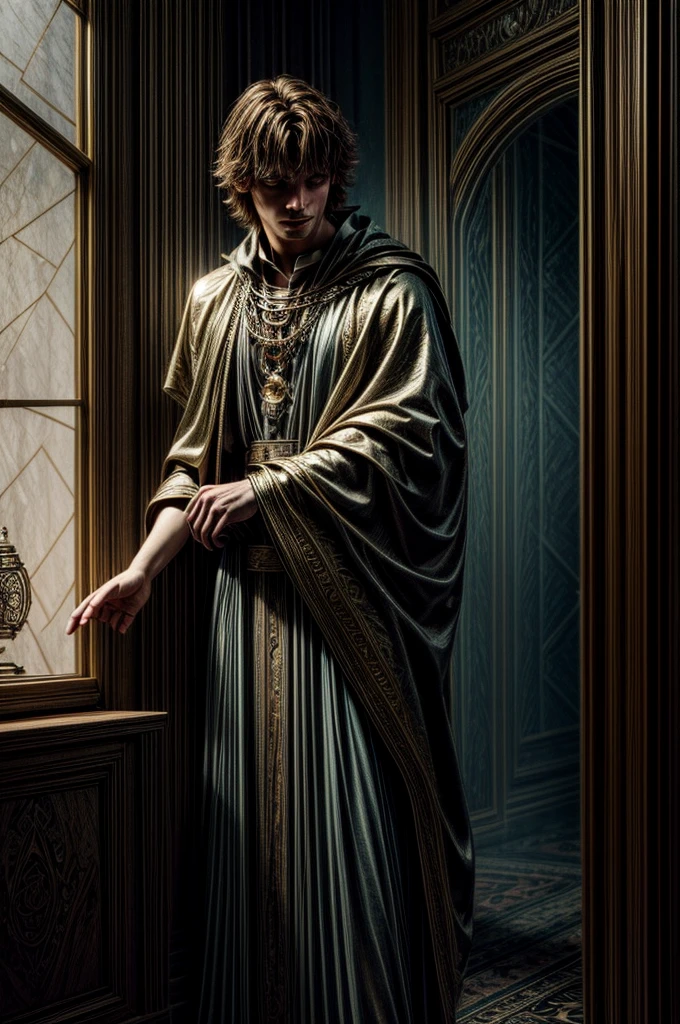 a man with angelic features, in a spiritual mystical dimension, room with magical energy, tarot cards on the floor, cinematic lighting, intricate details, ethereal atmosphere, dramatic chiaroscuro, muted color palette, photorealistic, highly detailed, masterpiece