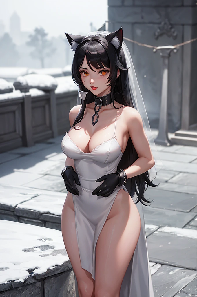 ，1 girl，Detailed facial details，Red lips，Cat ear，Black long hair，Wearing a snow-white bra wedding dress，Large Breasts，Slim，Tied to stone pillars，Handcuffs，Collar，Radiant Skin，Stand on a stone slab，Gallows