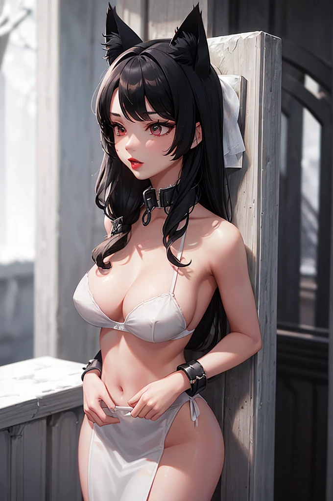 ,1 girl,Detailed facial details,Red lips,Cat ear,Black long hair,Wearing a snow-white bra wedding dress,Large Breasts,Slim,Tied to stone pillars,Handcuffs,Collar,Radiant Skin,Stand on a stone slab,Gallows