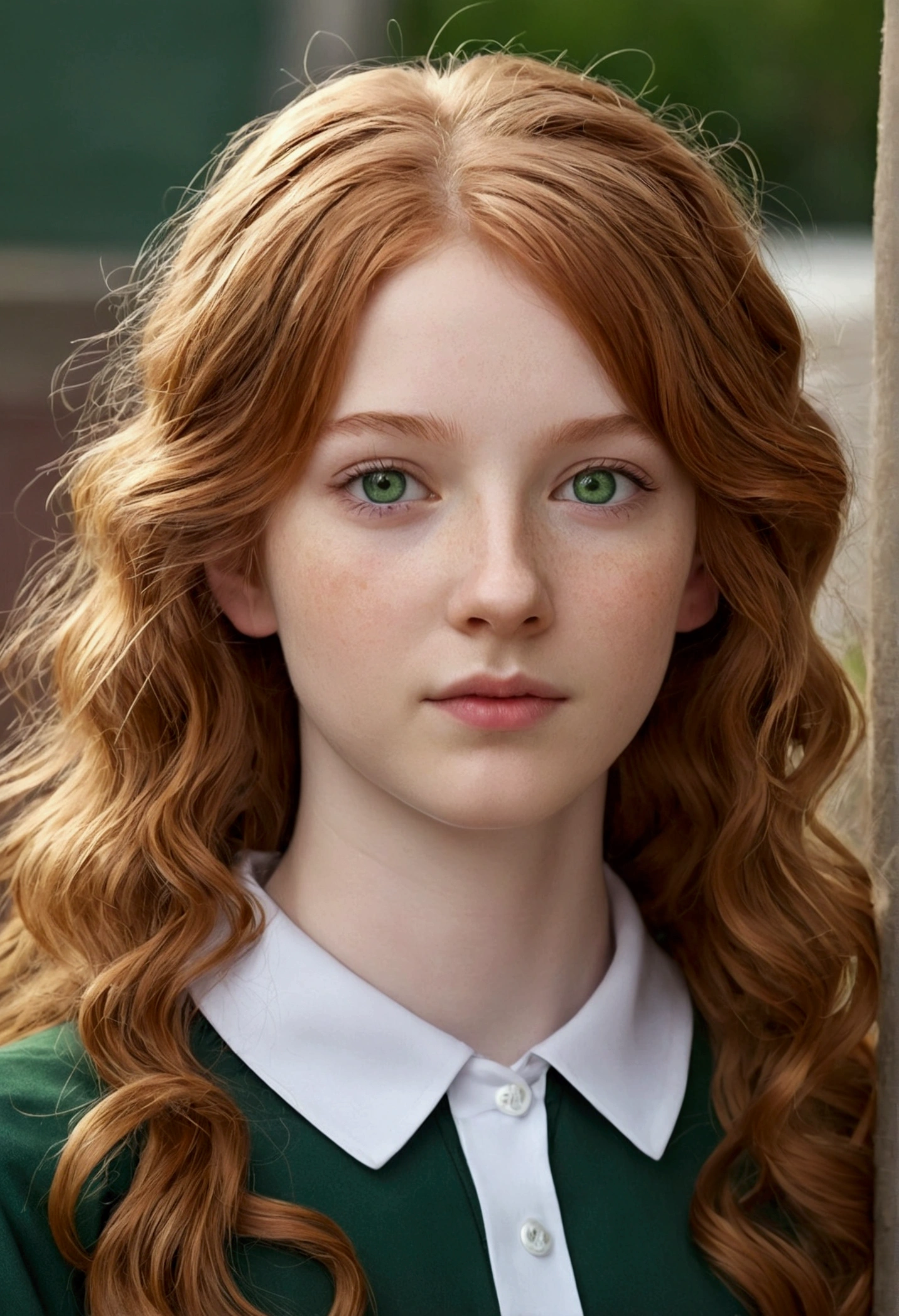 A girl, 20 years, redhead, wavy hair, very long hair, of collections, pale white skin, green eyes, small roof rack, small nose, nose turned up, round face, split chin, Small ears, in a school dress, 16k, highres, best quality, award winning, high details, textured skin, super detail, anatomically correct, masterpiece