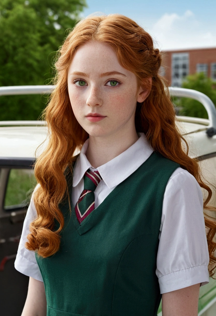 A girl, 20 years, redhead, wavy hair, very long hair, of collections, pale white skin, green eyes, small roof rack, small nose, nose turned up, round face, split chin, Small ears, in a school dress, 16k, highres, best quality, award winning, high details, textured skin, super detail, anatomically correct, masterpiece