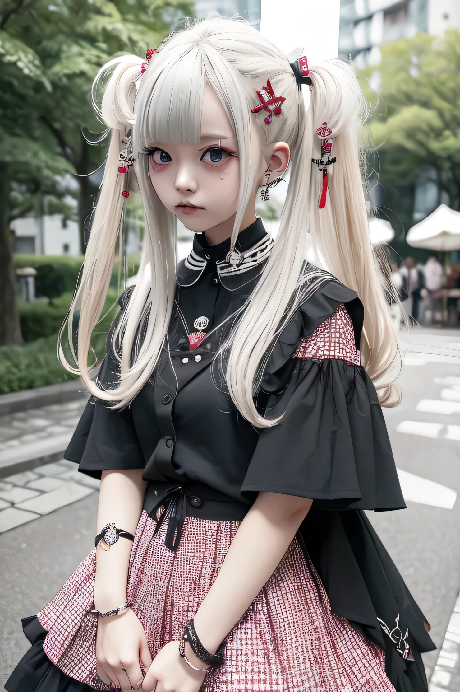 One Girl、Blonde twin tails、((Looking at the front)))red and white patterned shirt、skirt、Wear lots of metal accessories、In the background is a sunny gothic park。