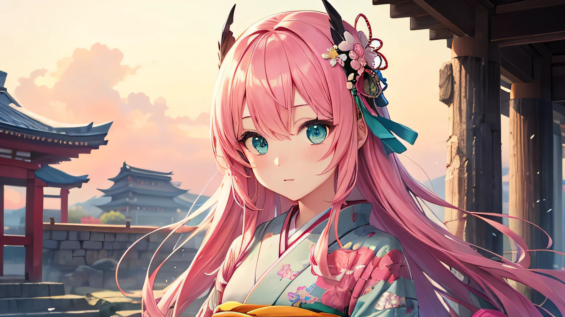 Pink Hair, bangs, Long Hair, Hair above the eyes, Hairpin, Aqua Eye, Lost in Thought, Anime Style, 超High resolution, masterpiece, Textured skin, High resolution, Highest quality, Fictional ancient Japanese princess, Fantasy Anime, pretty girl, Embroidered kimono、1 person