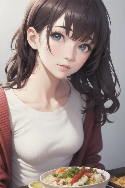 girl,Character design sheet,Beautiful attention to detail,Beautiful lip detail,Very detailed目と顔,Long eyelashes,Realistic,photoRealistic:1.37,Very detailed,Professional,Vibrant colors,Portraiture,Studio Lighting,Sharp focus,Physically Based Rendering,High resolution,超High resolution. blue eyes,Big eyes， Long Hair，Curly hair、Black Hair，Red cheeks，Droopy eyes，Small breasts，Jacket，Red cardigan，White T-shirt，White long skirt，meal