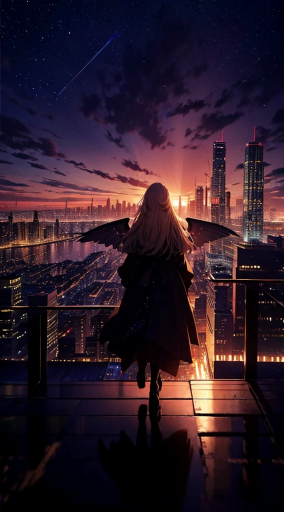1people々々々々々々,Blonde long-haired woman,Long coat, Dress Silhouette, Rear View,Wings of Malice,Space Sky, comet, Anime Style, City night view from the rooftop,