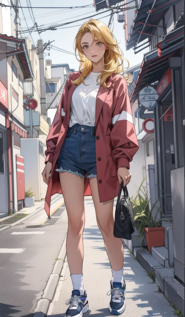 Masterpiece, photo realistic hyper details, a woman in a white shirt, pastel blue colour mini short, simple style, wearing elegant casual clothes, muted red, simple clothes, milk and blue style, casual transparent clothing style, wet, modern fashion outfit, wearing a fisher , casual modern clothing, inspo, red clothes, blue oversized jacket, brosshort, neutral tones, red and white color scheme, casual business outfit,cute face, nike shoes, 22 years old, adult face, long hair, ((yellow hair)), street traditional festival