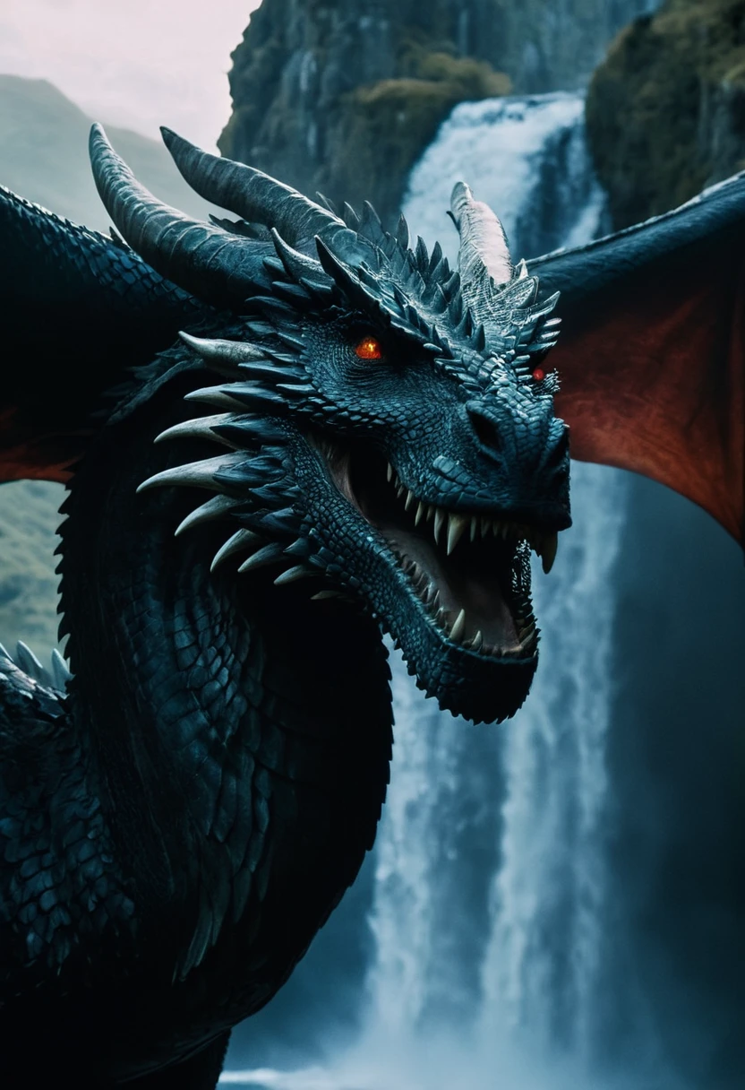 cinematic film still of Film Grain style Chiaroscuro Lighting style In medieval times, close up shot of massive Dragon' face sits by the waterfall, black shiny dragon, 1girl standng in front of the dragon,outdoors,sky,scenery,1other,black theme,fantasy,dragon,riding , cinematic, film, movie still, movie style, film style, fantasy drama, epic drama, dramatic light, dramatic shadow, fictional, Age of Wonders, Age of Empires, warriors, Medieval style, middle ages, dungeons and dragons style, contrast, color, different people, different, unique, kingdoms and castles style, friendly, tame, detailed, perfection, detailed face, detailed body, detailed hands, detailed eyes, sharp, Game of Thrones style, shallow depth of field, vignette, highly detailed, high budget, bokeh, cinemascope, moody, epic, gorgeous, film grain, grainy