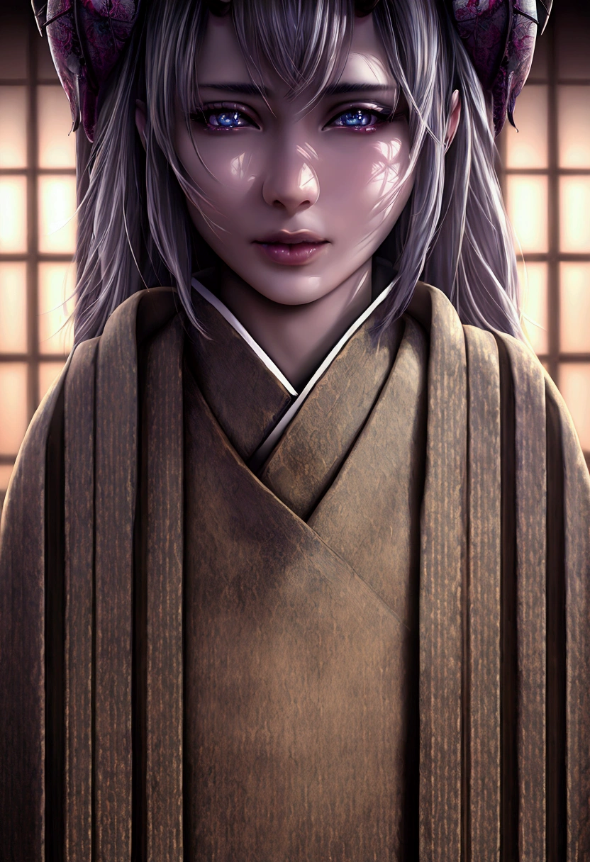 1girl, beautiful detailed eyes, beautiful detailed lips, extremely detailed face, long eyelashes, asian, japanese, kimono, horns, demon, abandoned church, fantasy, (best quality,4k,8k,highres,masterpiece:1.2),ultra-detailed,(realistic,photorealistic,photo-realistic:1.37),intricate details,cinematic lighting,dramatic shadows,vibrant colors,moody atmosphere
