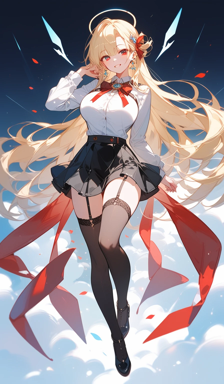 {{{{wonderful}}, Highest quality, Ultra-detailed CG Unity 8k Wallpaper, Beautiful details、Large Breasts、Blonde、T-pose、front、White Shirt、mini skirt、Red ribbon、Lady、Slanted Eyes,Character portrait、front、Full body drawing