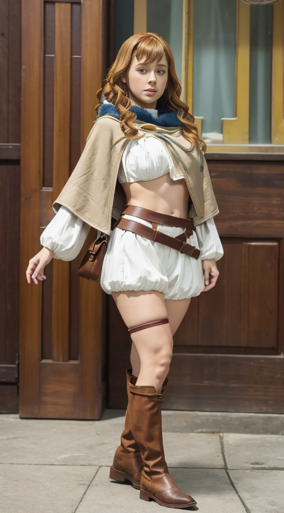 Highest quality、Highest quality、16k quality、Highly detailed figure、Highly detailed face、Highly detailed eyes、Highly detailed nose、Highly detailed facial expressions、Highly detailed costume、Very high quality costume、Highly detailed hourglass shape、Highly detailed feet、Highly detailed thighs、Being in reality、16-year-old girl、Mimosa Vermillion、main character、Brown Hair、White long sleeve knitted clothing、A brown leather belly warmer that covers the belly、服の上からYou can see the shape of the chest、Light brown、Chest-length、Poncho type、Wearing the cloak of the Magic Knights、With Magic Knights emblem、One of her breasts is visible through the gap in her cloak.、Close to the skinする服、White knit shorts、Emphasizes the shape of the chest、Brown leather thigh-length boots、Her thighs are visible between her shorts and boots.、You can see the shape of the chest、F cup bust size、Big Breasts、Close to the skin、Tight、Full body photo、Are standing、Emphasizes the beauty of thigh muscles、Full body photo、Front view