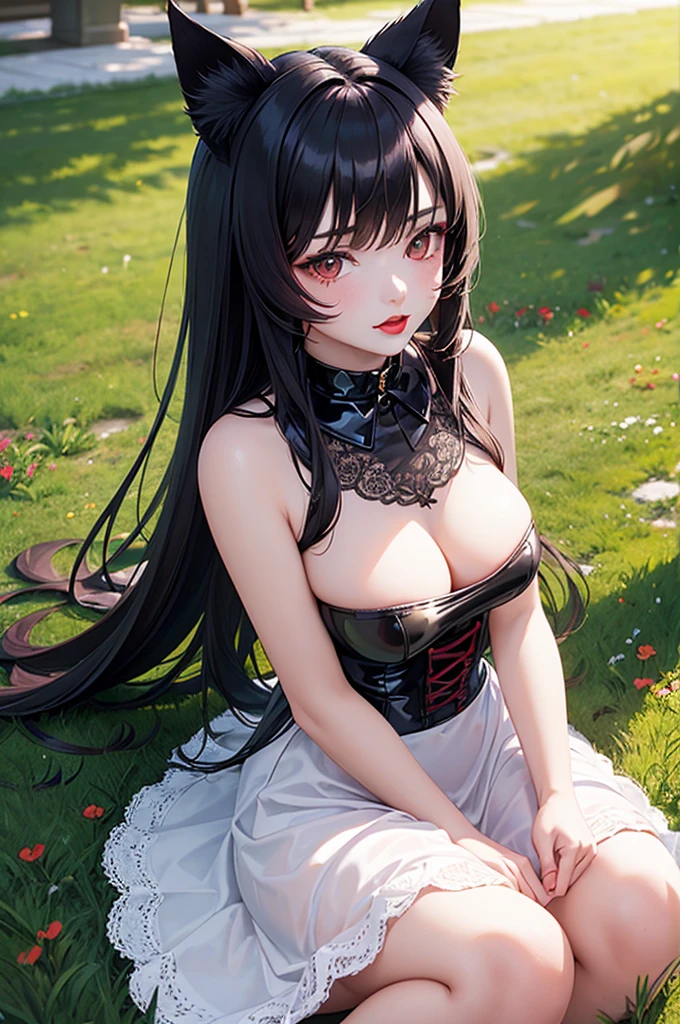 Detailed facial details，16 years old，1 girl，Red lips，Cat ear，Black long hair，Wearing a snow-white latex lace bikini，Large Breasts，Slim，Collar，Radiant Skin，Sitting on the grass，garden