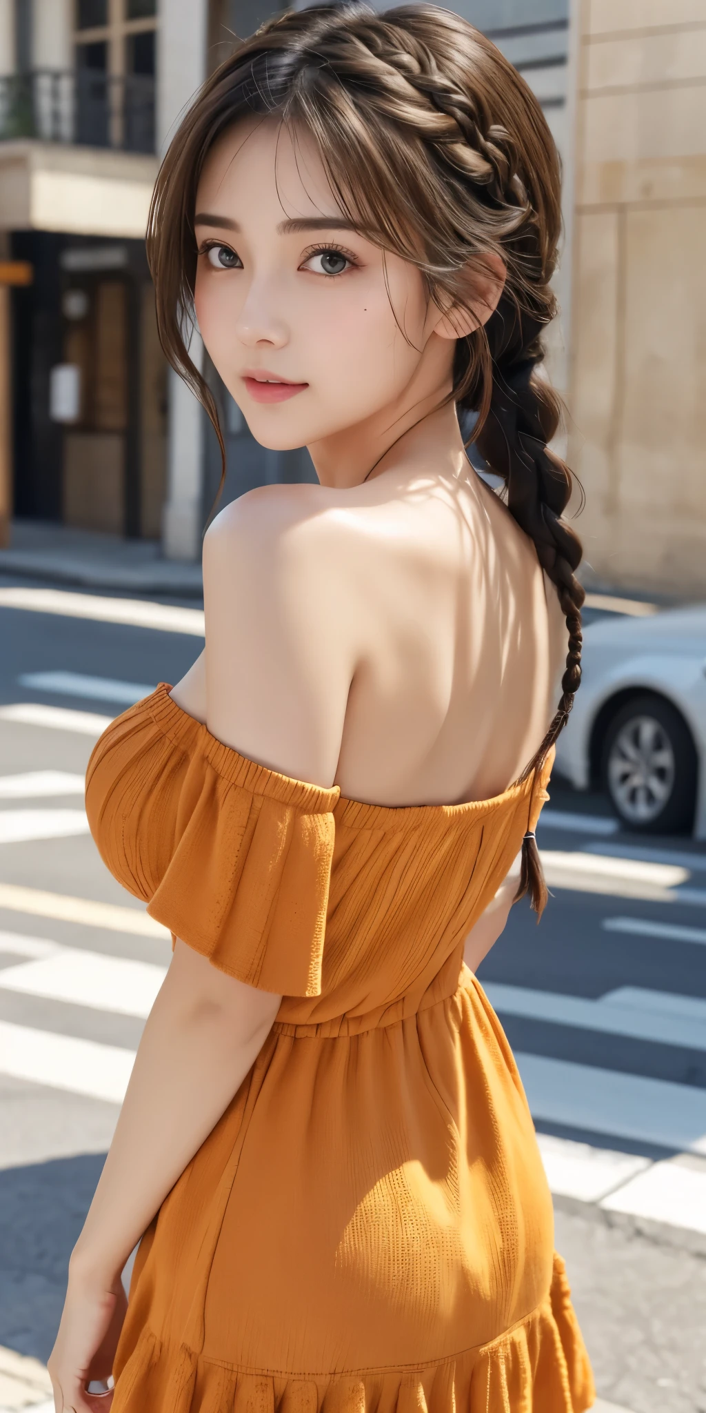 Photorealistic、Highest quality、Highest quality、masterpiece、Ultra-high resolution、Raw photo、Realistic、bright照明、Face Light、Smooth Professional Lighting、Looking at the camera、一peopleで、大peopleの女性、Beautiful woman、超美people、Realistic肌、Moisturized Skin、Realistic eyes and faces、Perfect model body shape、Beautiful Eyes、Big eyes、Inconspicuous tear bags、slim、Big Breasts、No bra、No makeup、Camel Toe、Very short hair、Black Hair、Black Eye、looks fun、The ears are hidden in the hair、a woman posing on the street corner with orange dress on, Highest quality, 1peopleの女の子, Large Breasts, Day, bright, Blur the background, Bokeh, Outdoor, (street:0.8), (people々, crowd:0.8), (Off-the-shoulder dress:1.2), nice, (Braided bangs:1.2), Beautifully detailed skies, (Dynamic pose:1.2), Soft lighting, Wind, Glowing Skin, (Upper Body:0.8), (freckles:0.8), Mole under the mouth,