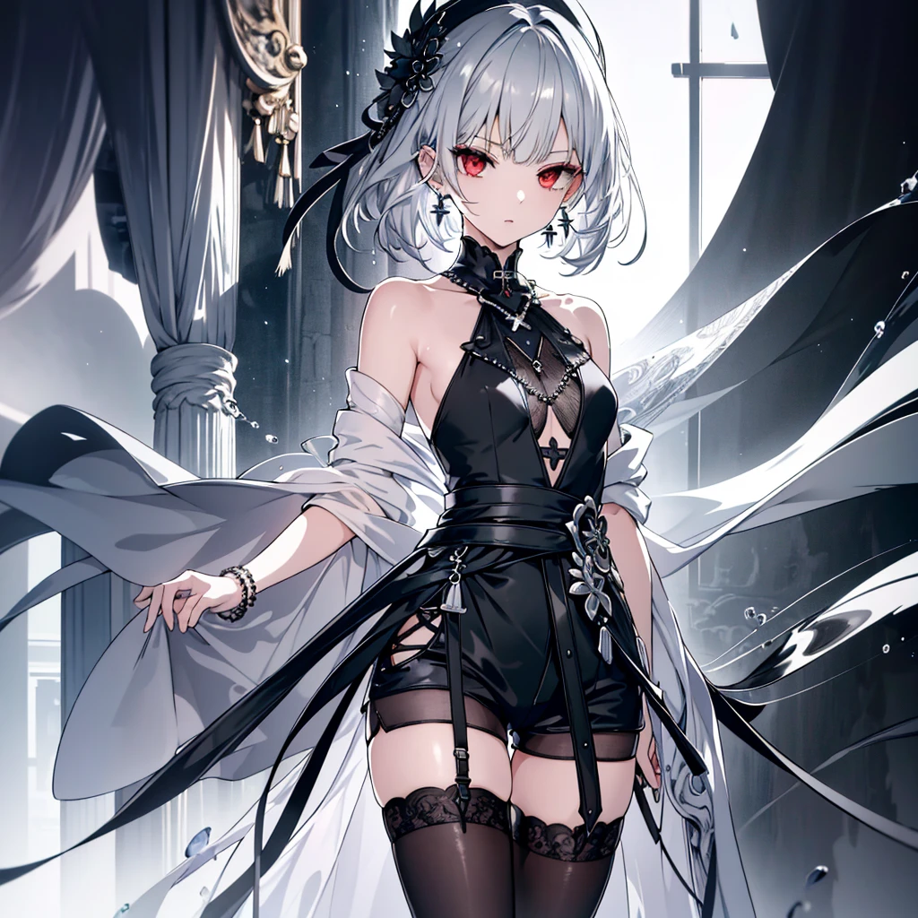 8k,High resolution RAW color art,Anime Art, (((Very detailed and cool))), Detailed skin, Blur、texture,(Exquisitely crafted, The finer details, Ultra-detailed art), (((One girl))), Depth of written boundary, Silky Touch, Hyper Detail, (((Cool face))), eye shadow、Silver Marble Skin, Beautiful detailed red eyes, Beautiful lip detail, Highly detailed face, Delicate depiction of hair and eyes, Simple Fashion, Silver earrings,Silver Bracelet、Full body depiction, Black half top、(((Shoulder Bare)))、Black shorts、black waist cloak、Black thigh highs、 Medium silver hair, Straight Hair、Short Hair、(((Hair)))、water surface、cloth、Clear face、Diagonal orientation、