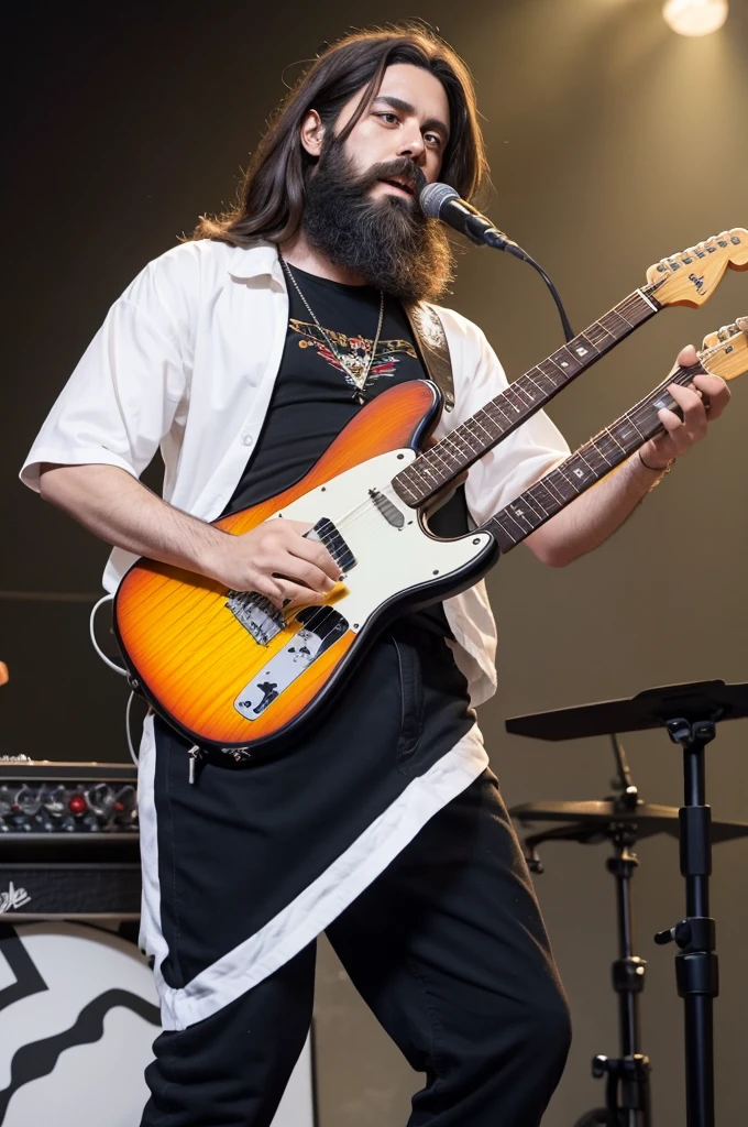 A bearded black guitarist dressed in hippie style playing a vintage black body and white pickguard Fender Telecaster
