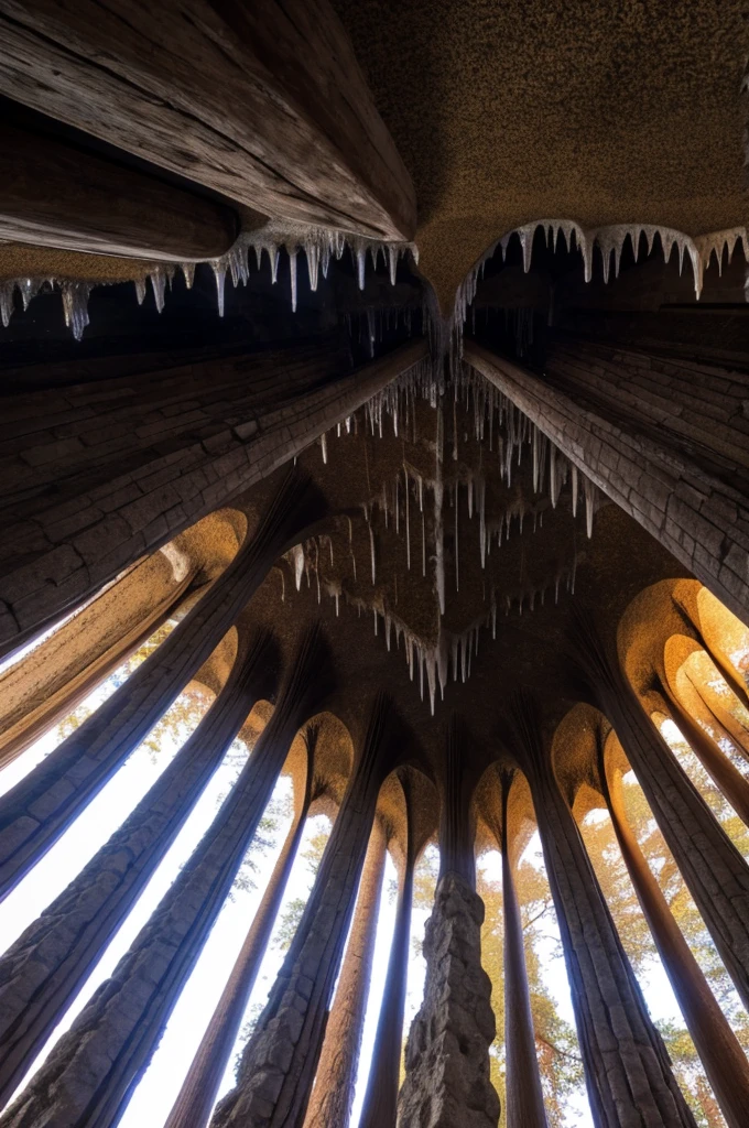 stalactites, 3-color, wide-angle screen, photographic style
